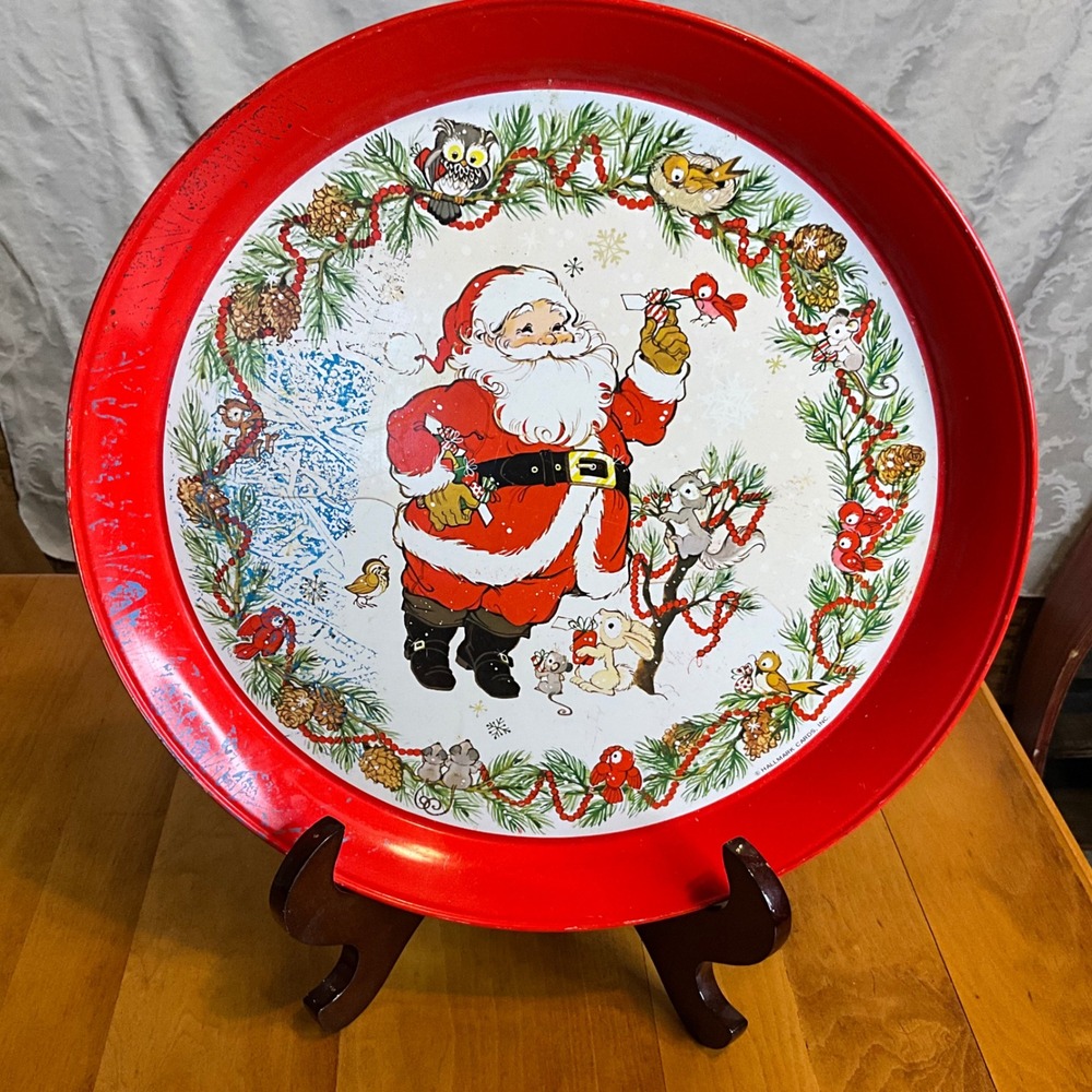 Vintage Hallmark Santa Claus Christmas Metal Serving Tray Red Green‎ Pine Cones